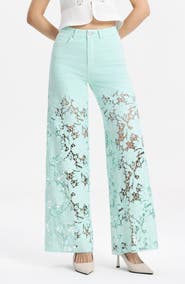 Bayeas Crystal Embellished Lace Wide Leg Jeans