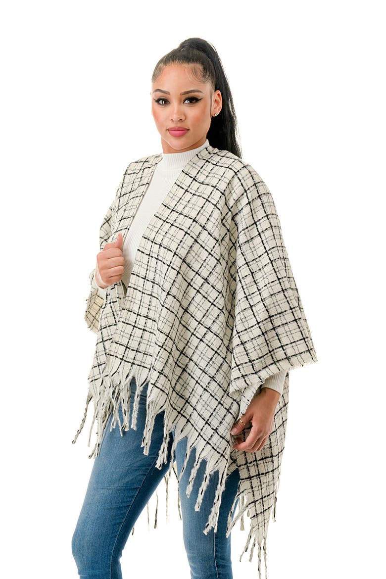 Windowpane Tweed Fringed Ruana, Alternate, color, IVORY