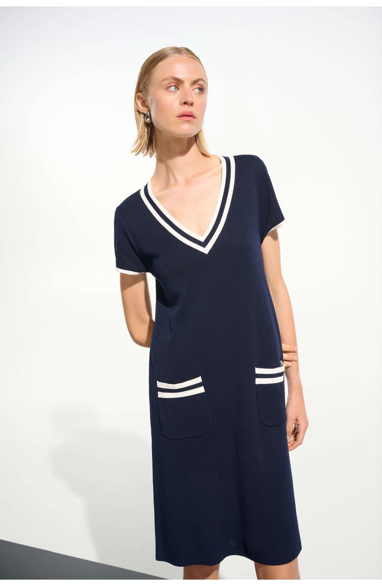 JOSEPH RIBKOFF Viscose Knit A-Line Dress With Rib Trim, Main, color, Indigo/Vanilla