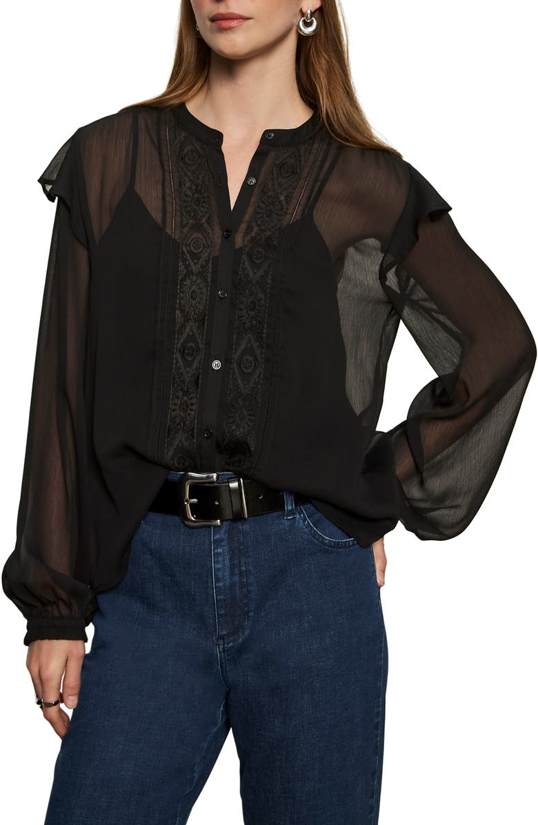 Sanctuary Nostalgia Ruffle Embroidered Top, Alternate, color, Black
