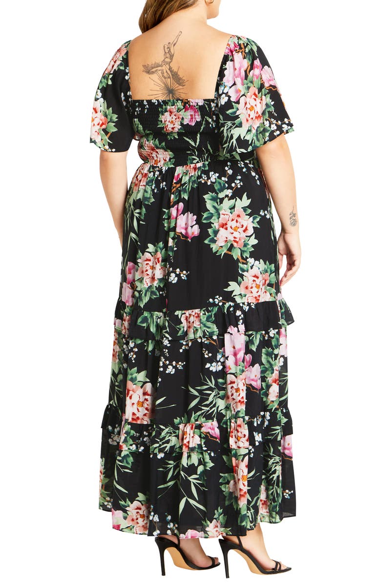 City Chic Marci Tiered Print Maxi Dress, Alternate, color, Blk Sweet Blossom
