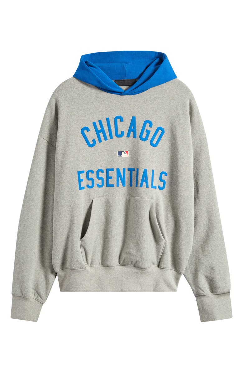 Fear of God Essentials MLB Cubs Sport Fit Cotton Graphic Hoodie, Alternate, color, Warm Heather/ Blue