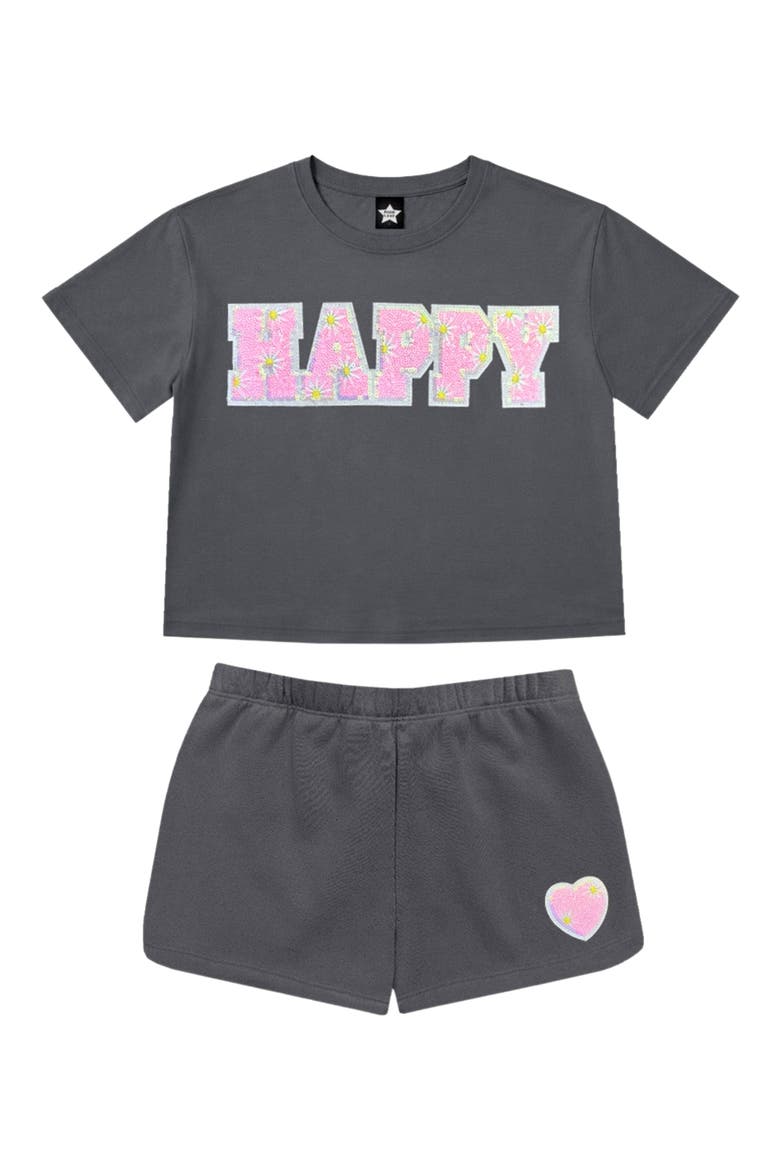 Kids' Easy Sequin Top & Shorts Set, Main, color, DARK GREY PINK