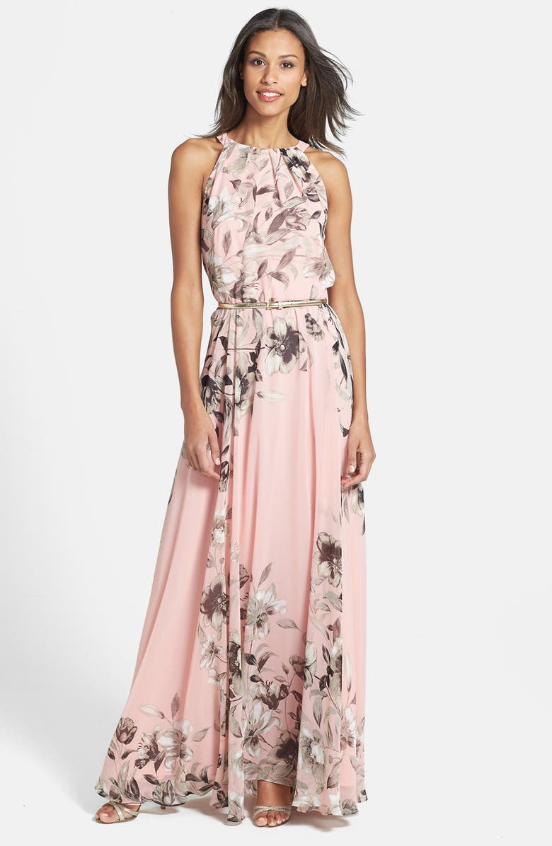 Eliza J Belted Chiffon Halter Maxi Dress, Main, color,