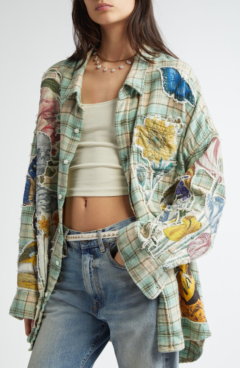 R13 Drop Neck Floral Patch Plaid Button-Up Shirt, Alternate, color, 