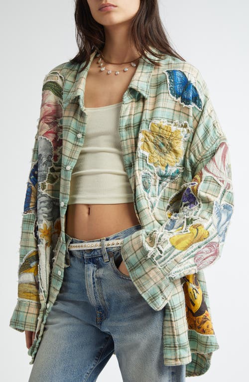 R13 Drop Neck Floral Patch Plaid Button-up Shirt In Light Green Plaid Applique