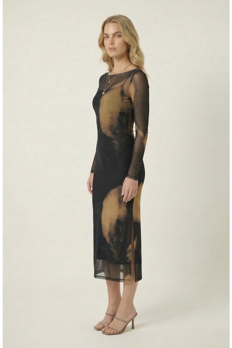 Mesh Overlay Layered Set Midi Dress, Alternate, color, Black