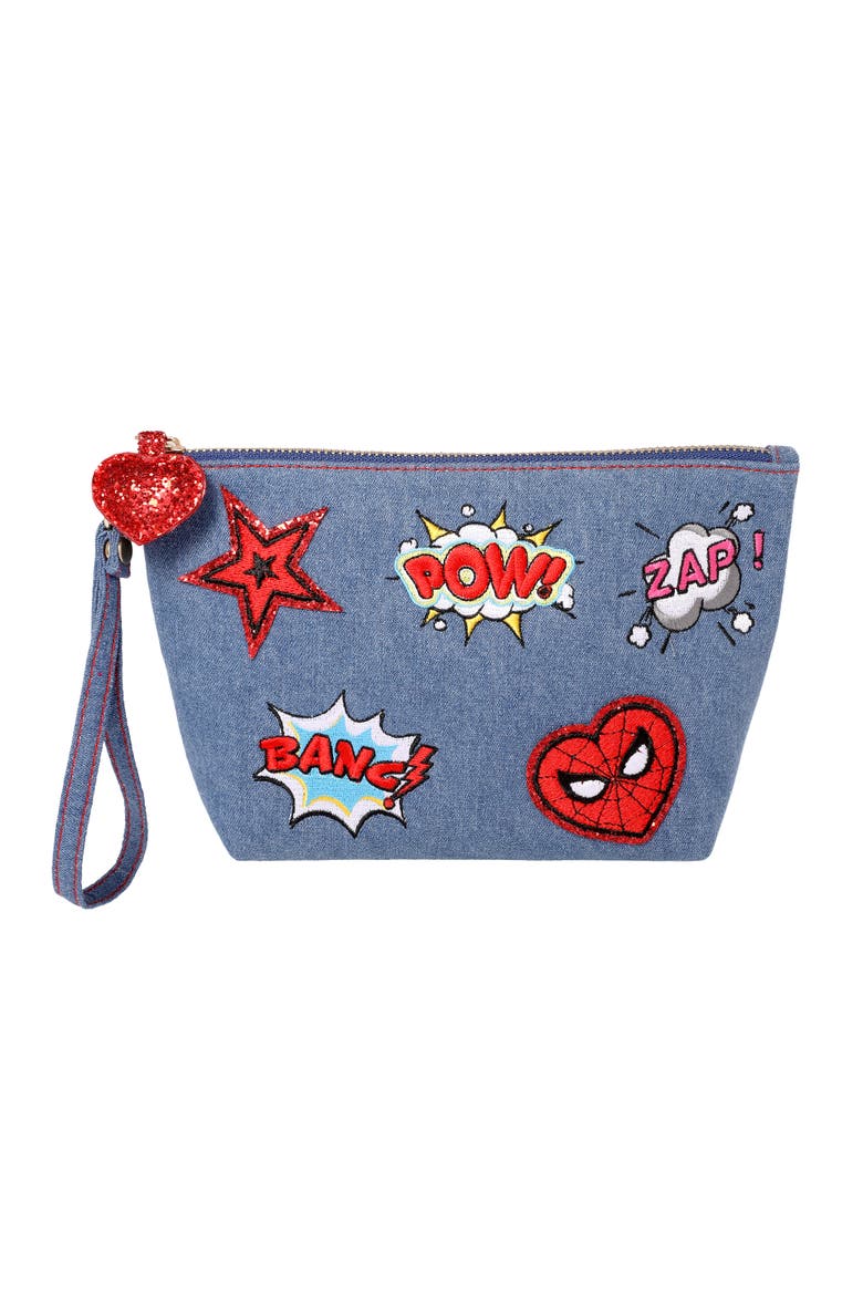 SpiderMan Denim Patch Cosmetic Pouch with Comic Pop Embellishments, Main, color, Denim