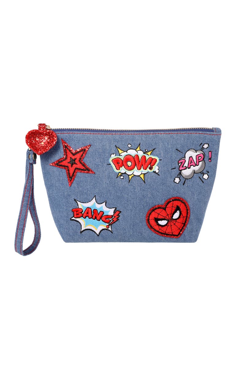 Marvel SpiderMan Denim Patch Cosmetic Pouch with Comic Pop Embellishments, Main, color, Denim