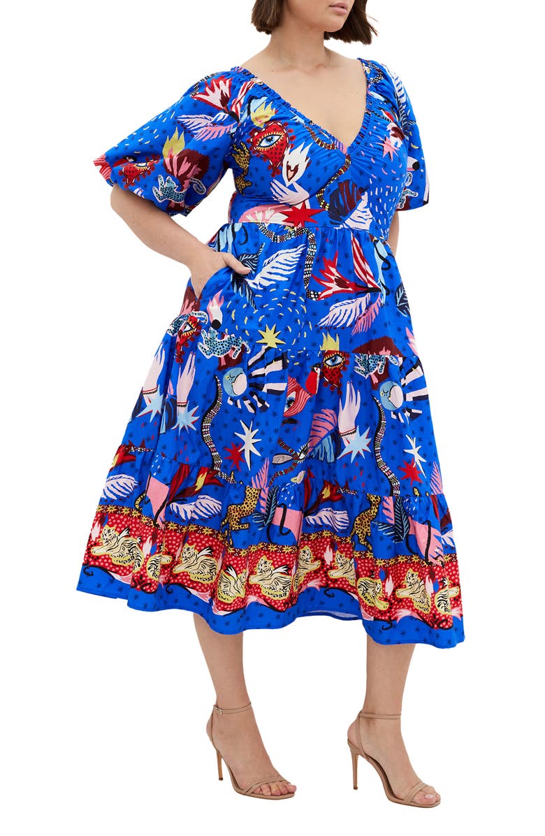 City Chic Capria Puff Sleeve Cotton Midi Dress, Main, color, 