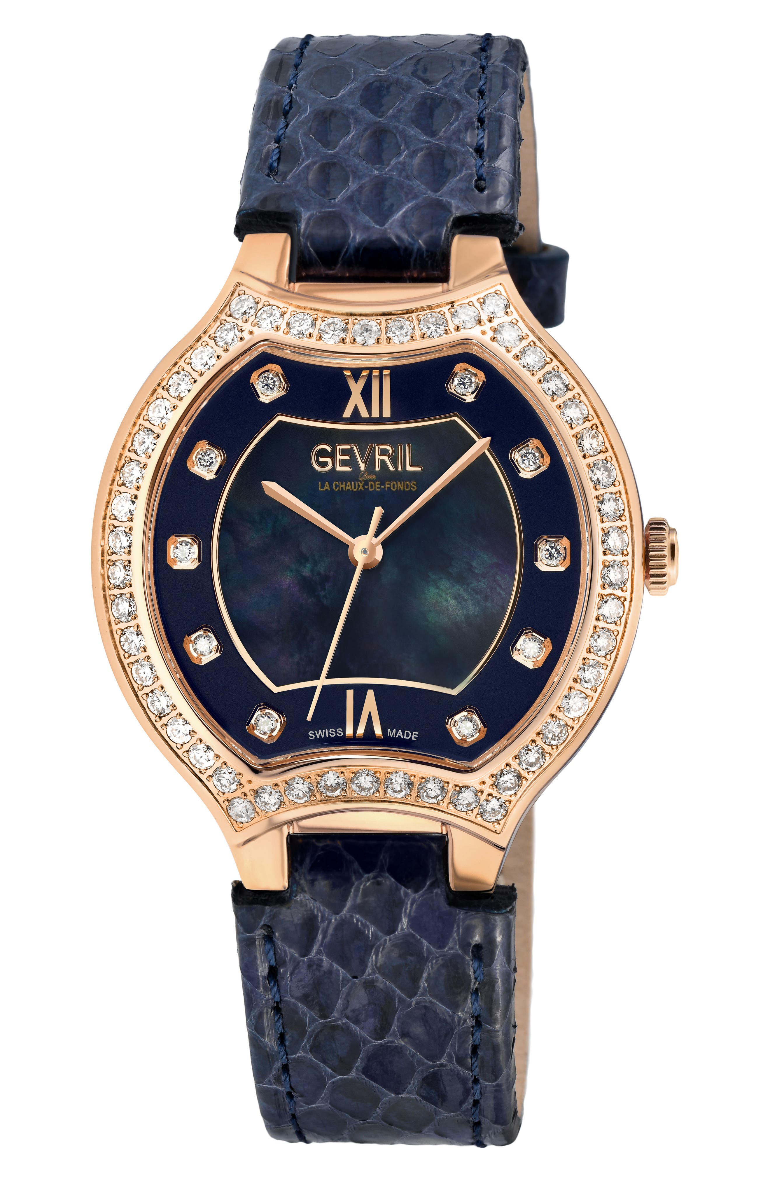 GEVRIL Lugano Diamond Croc Embossed Leather Strap Watch, 35mm