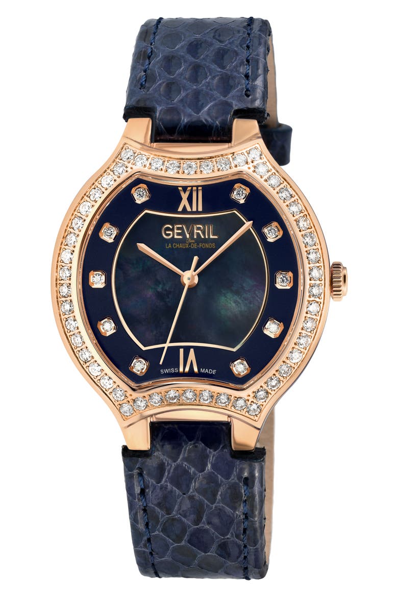 Lugano Diamond Croc Embossed Leather Strap Watch, 35mm, Main, color, BLUE