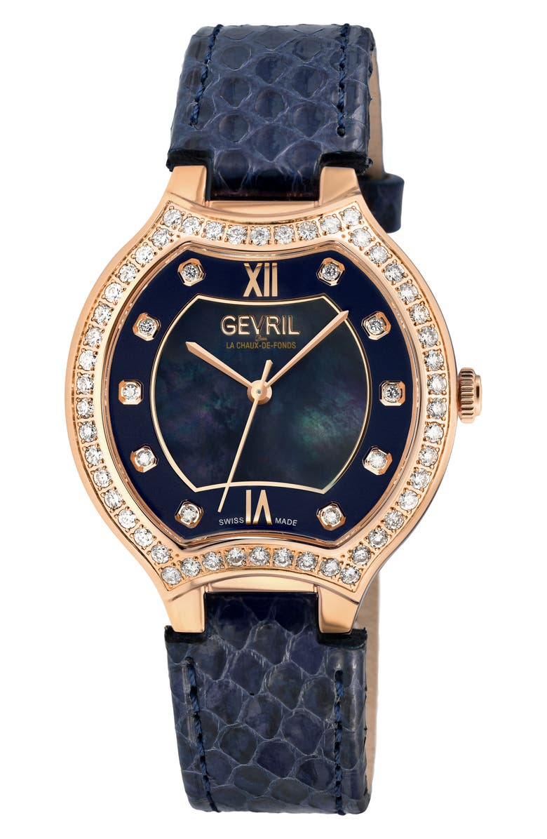 GEVRIL Lugano Diamond Croc Embossed Leather Strap Watch, 35mm, Main, color, Blue