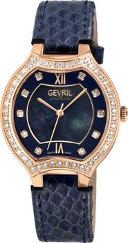 GEVRIL Lugano Diamond Croc Embossed Leather Strap Watch, 35mm