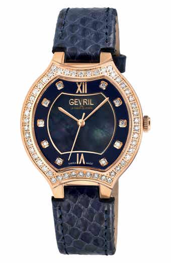 GEVRIL Lugano Diamond Croc Embossed Leather Strap Watch, 35mm