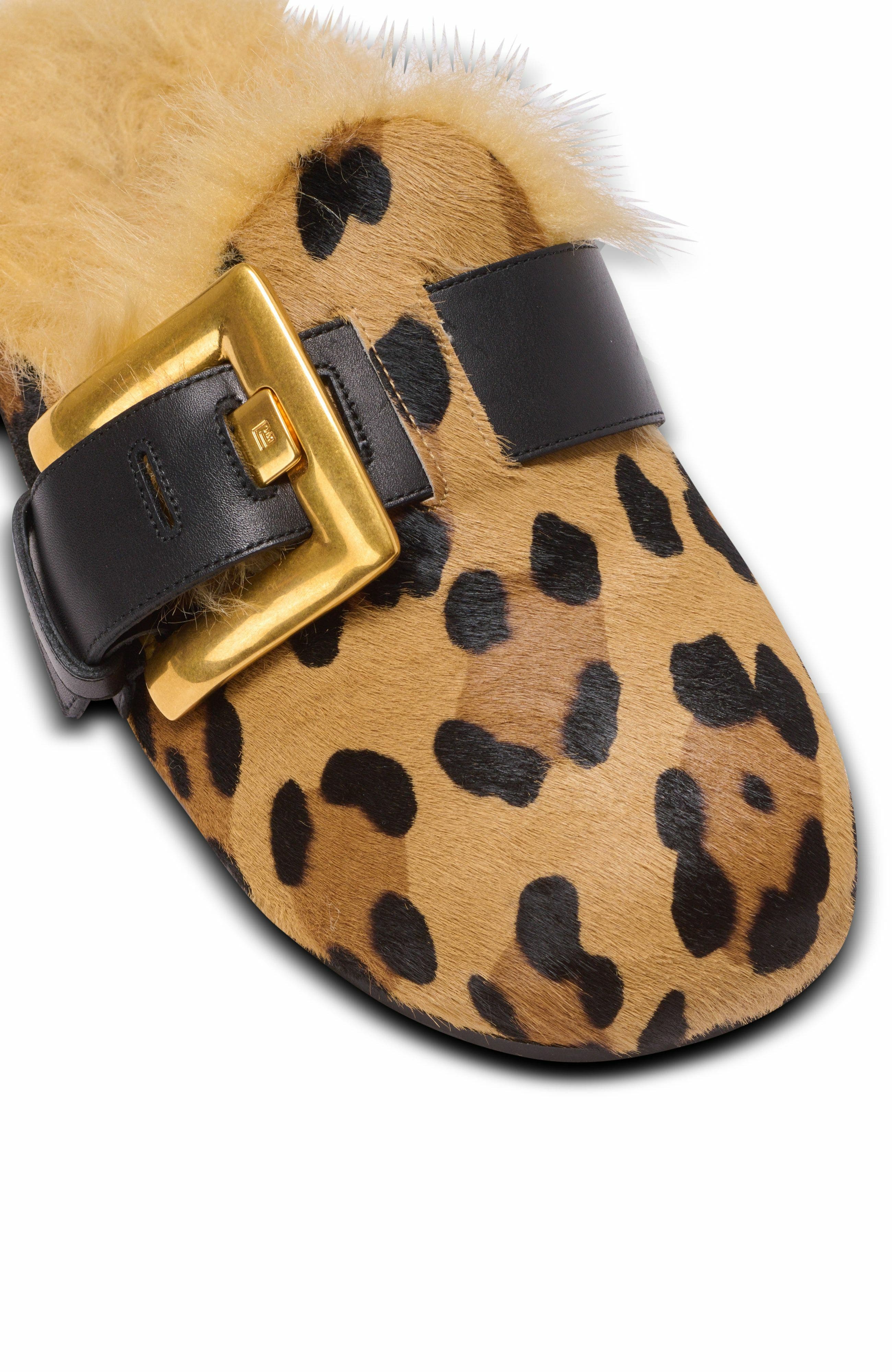 Balmain Anthem Leopard Print Ponyskin Leather And Faux Fur Mules, Alternate, color, 
