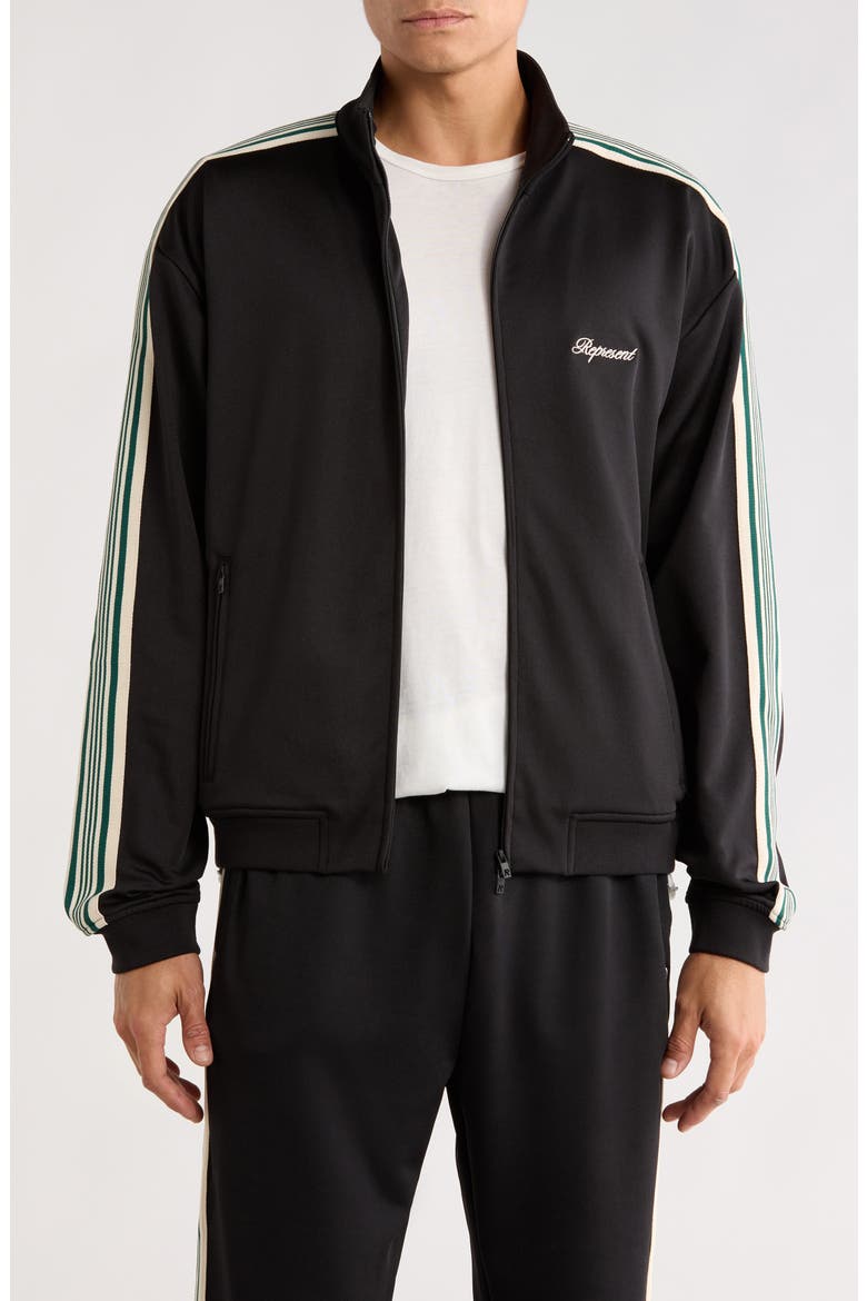 Embroidered Logo Tape Stripe Track Jacket, Main, color, JET BLACK