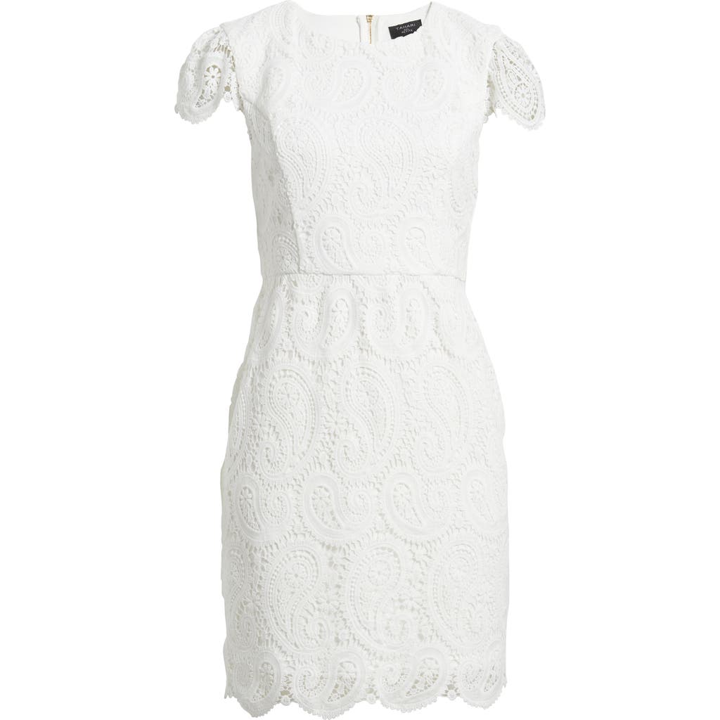 Tahari Asl Paisley Lace Cap Sleeve Sheath Dress In White