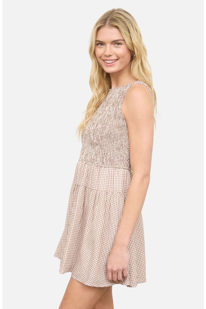 Smocked Gingham Sleeveless Minidress, Alternate, color, BROWN