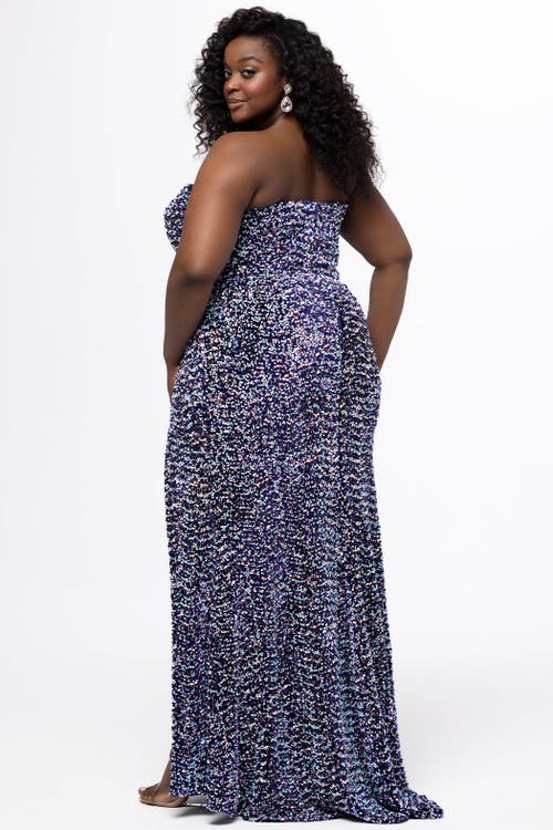 Sydney's Closet Multi Sequin Velvet Fitted Prom Dress In Purple