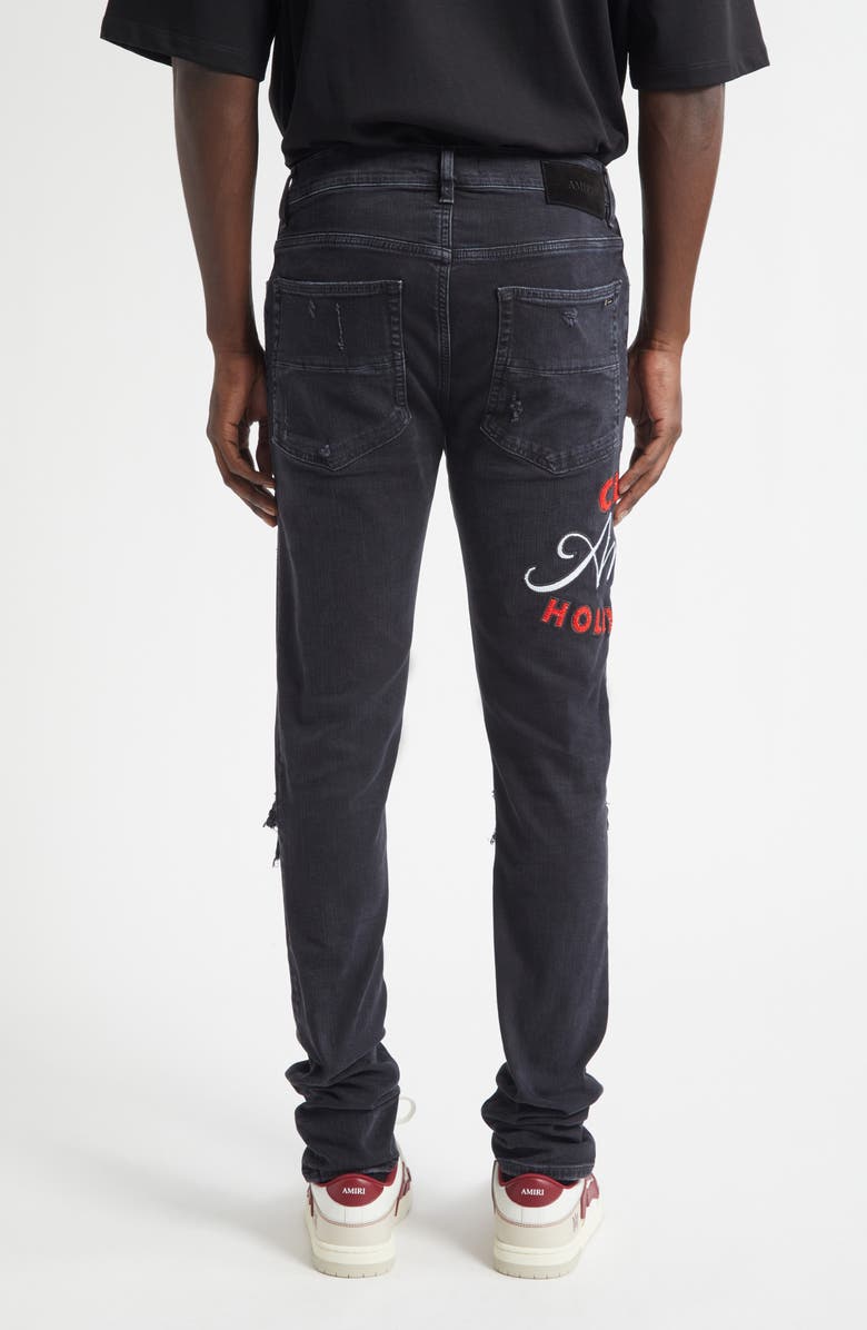 AMIRI MX1 Crystal Embellished Club Amiri Appliqué Rip & Repair Skinny Jeans, Alternate, color, Dusk Black