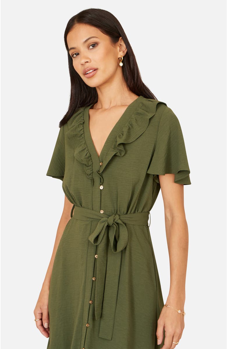 Yumi Ruffle Collar Midi Shirt Dress, Alternate, color, Green