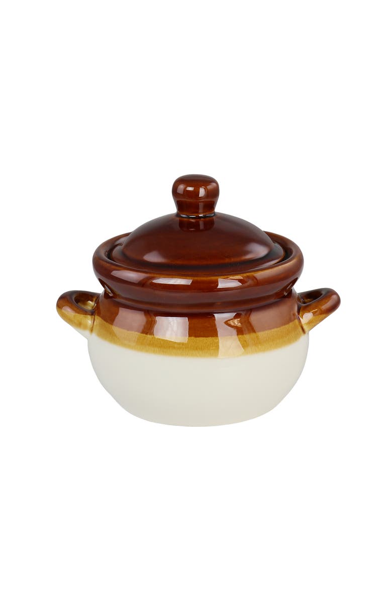 Elama 4 Piece Double Handle 15 Ounce French Onion Soup Bowl with Lid, Alternate, color, Brown