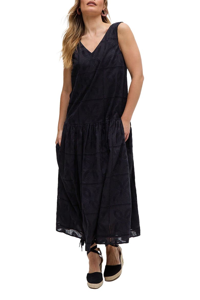 Squire All Over Cut Work Drop Waist Midi Dress, Main, color, Black