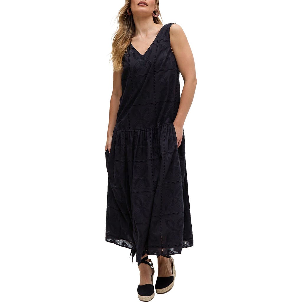 Raffya Squire All Over Cut Work Drop Waist Midi Dress In Black