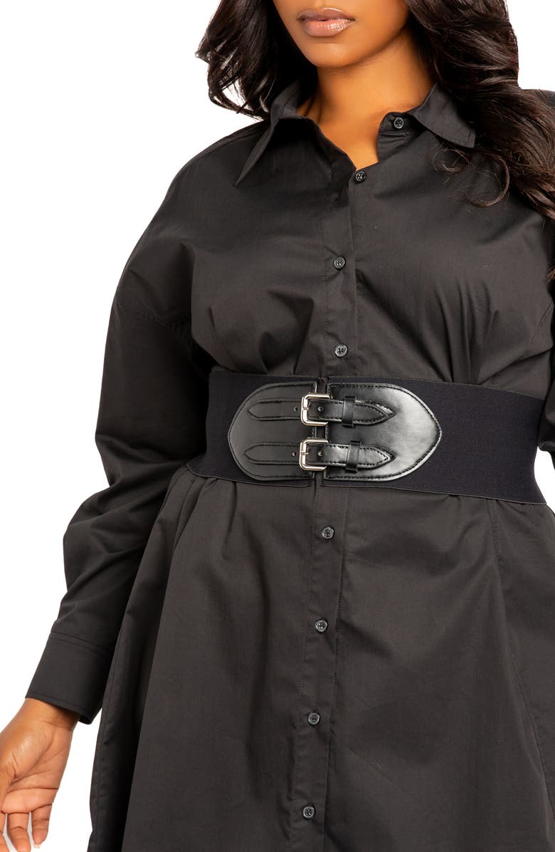 BUXOM COUTURE Cinch Waist Long Sleeve Belt Cotton blend Shirtdress, Alternate, color, Black