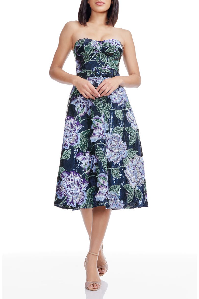 Carlita Embroidered Sequin Floral Strapless Cocktail Midi Dress, Main, color, NAVY MULTI