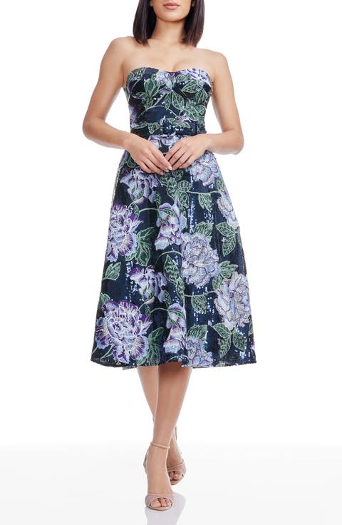 Carlita Embroidered Sequin Floral Strapless Cocktail Midi Dress