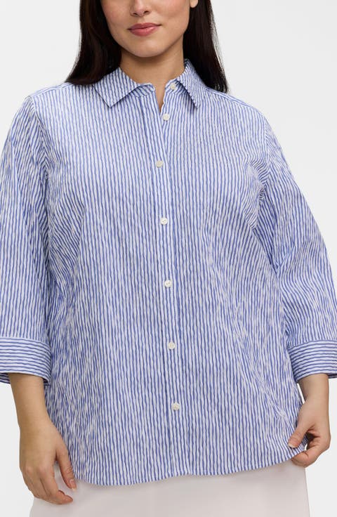 Hampton Stripe Three-Quarter Sleeve Button-Up Shirt (Plus)