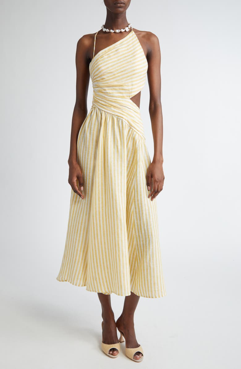 Zimmermann Cascadian Stripe Cutout Asymmetric Linen Dress, Main, color, Yellow Stripe