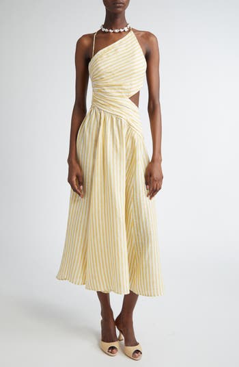 Zimmermann Cascadian Stripe Cutout Asymmetric Linen Dress