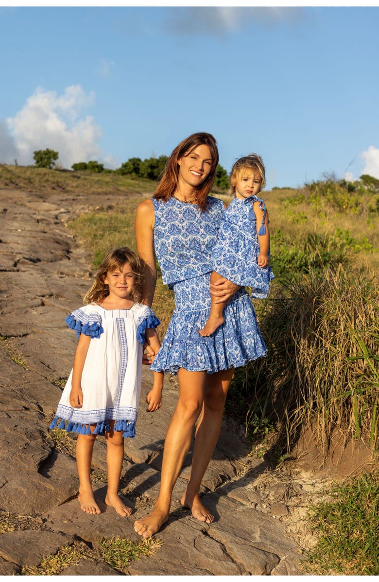 Mer St. Barth Serena Girl's Tassel Dress White Lapis Blue Embroidery, Alternate, color, Blue