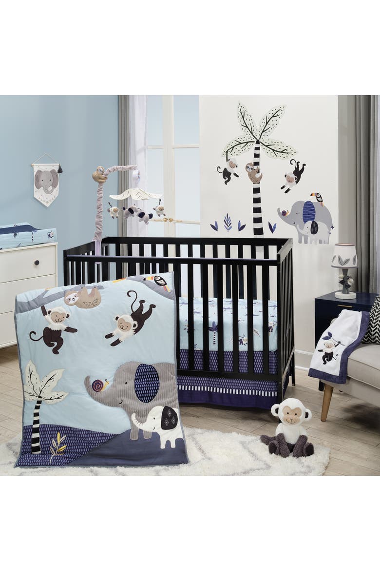 Jungle Party 3-Piece Elephant/Monkey Baby Crib Bedding Set, Alternate, color, Blue