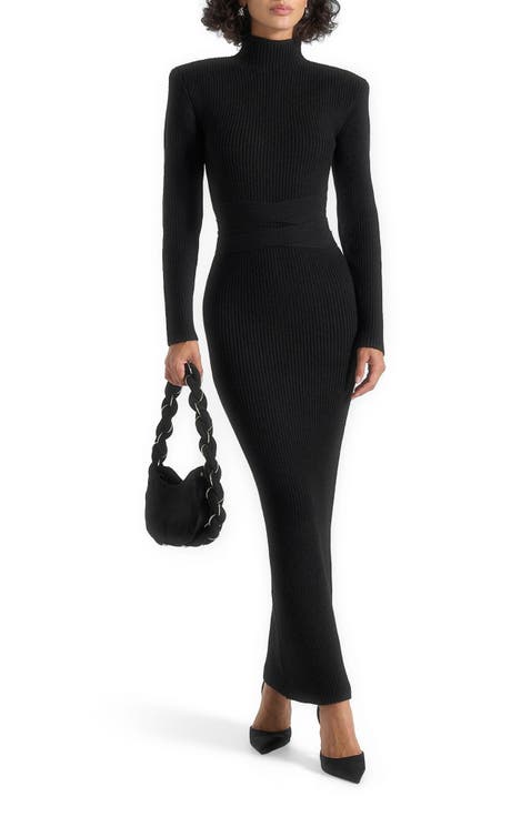 Hana Wide Shoulder Knit Dress With Waist Tie