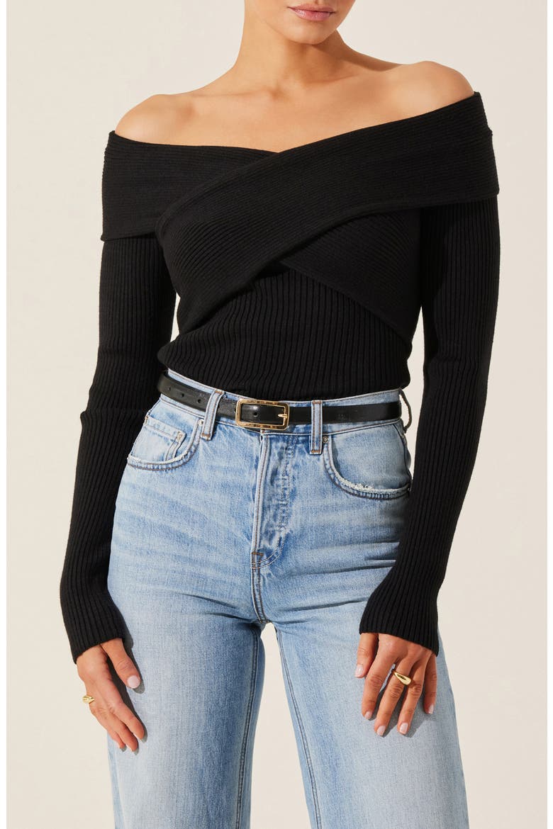 Crossover Off The Shoulder Rib Sweater, Main, color, BLACK