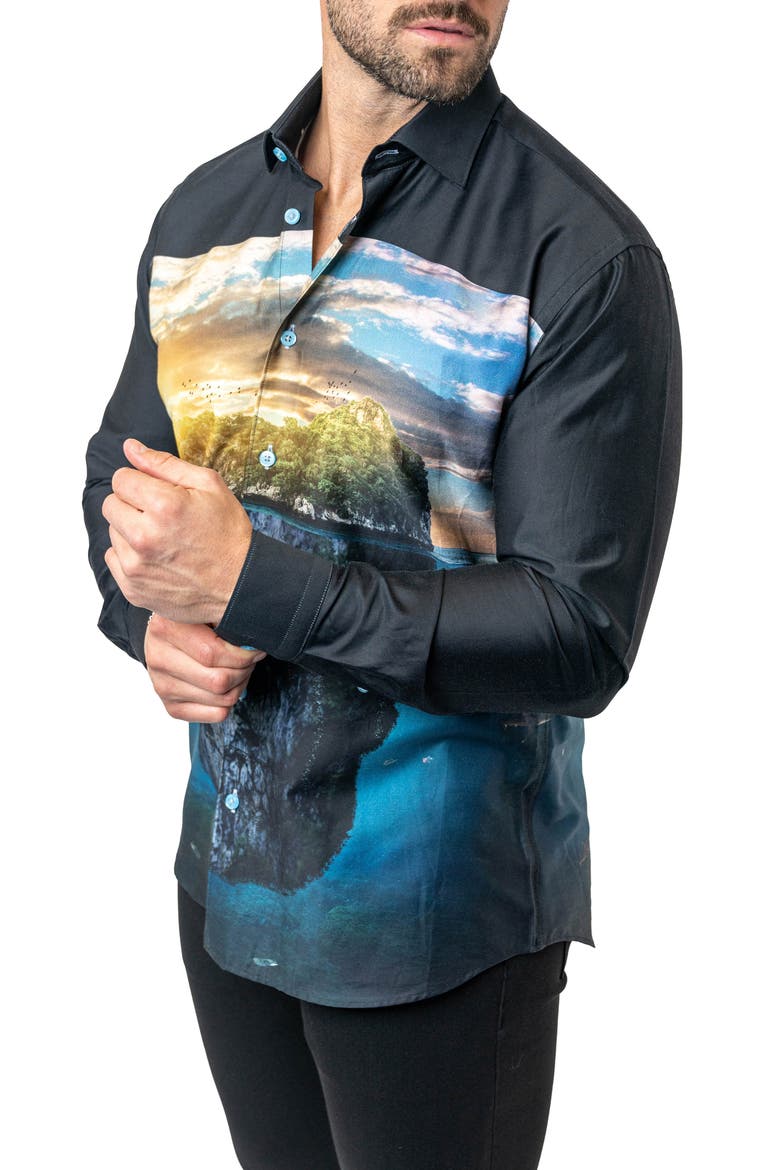 Fibonacci Skull Island Cotton Button-Up Shirt, Alternate, color, BLACK