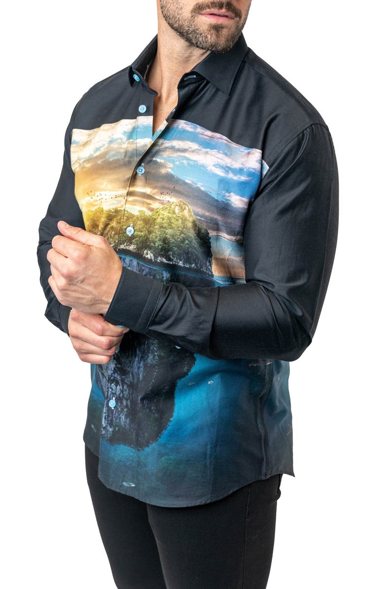 Maceoo Fibonacci Skull Island Cotton Button-Up Shirt, Alternate, color, Black