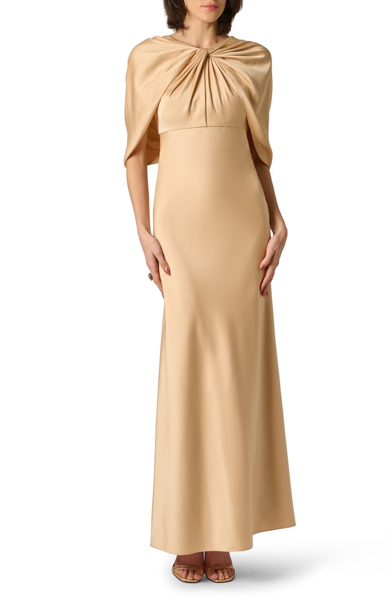 Aidan Mattox Cape Sleeve Satin Gown, Main, color, Champagne