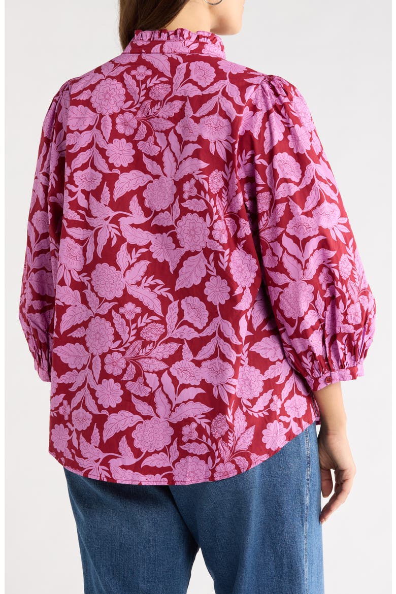 Yunice Floral Puff Sleeve Cotton Button-Up Top, Alternate, color, BURGUNDY-PINK