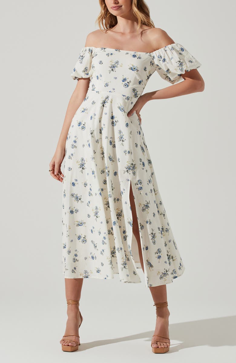 ASTR the Label Off the Shoulder A-Line Dress, Alternate, color, White Blue Floral