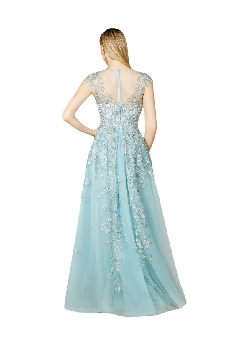 Long Bell Sleeve V-Neck Beaded Gown, Alternate, color, LightBlue
