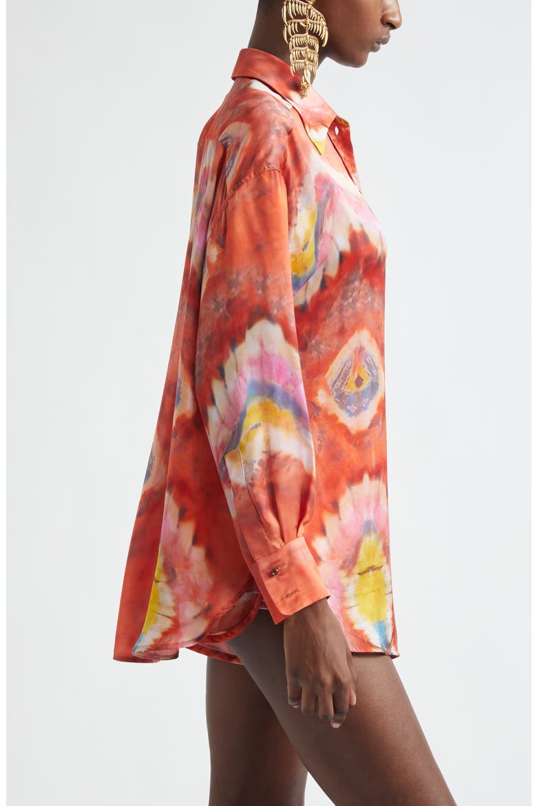 Kindred Spirit Alchemy Relaxed Silk Satin Button-Up Shirt, Alternate, color, RUBY TIE DYE