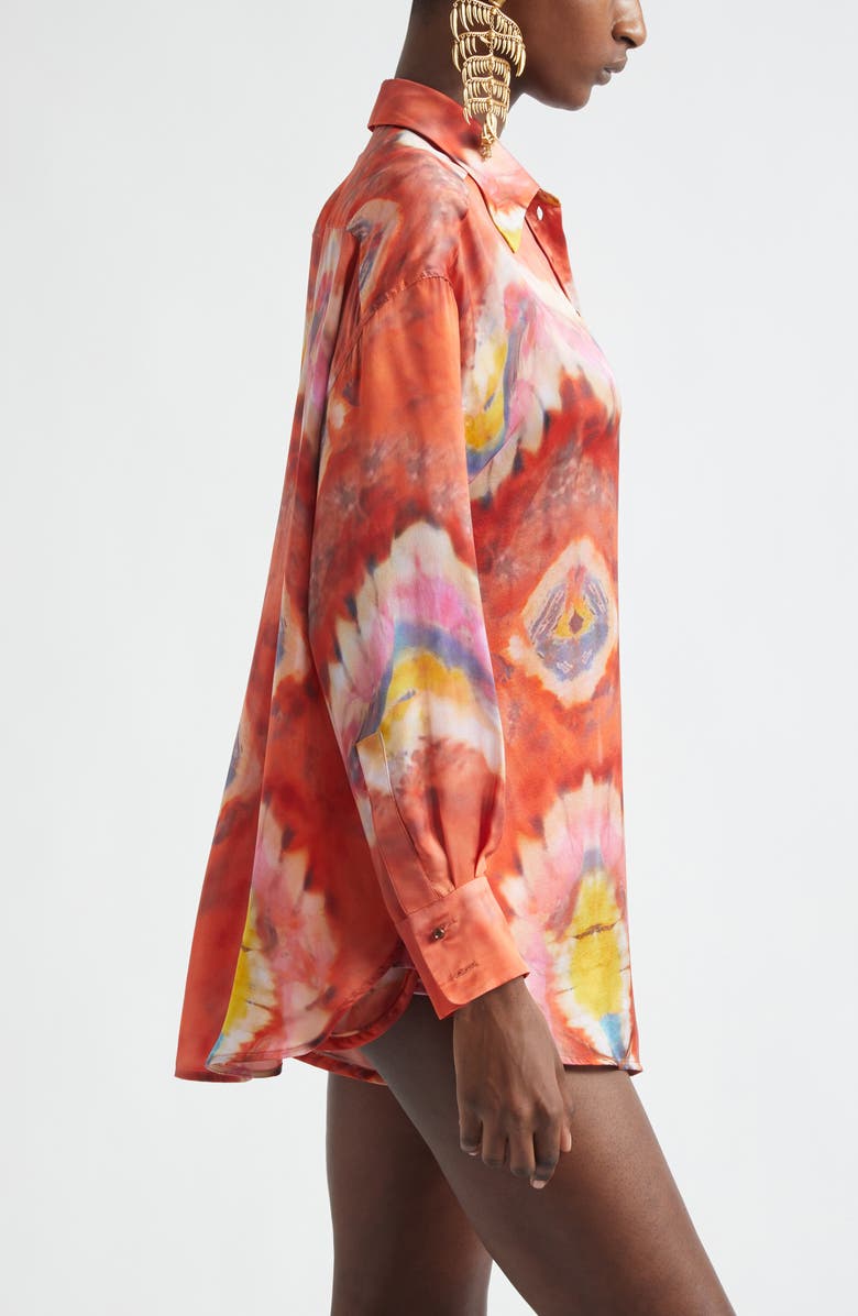 Zimmermann Kindred Spirit Alchemy Relaxed Silk Satin Button-Up Shirt, Alternate, color, Ruby Tie Dye