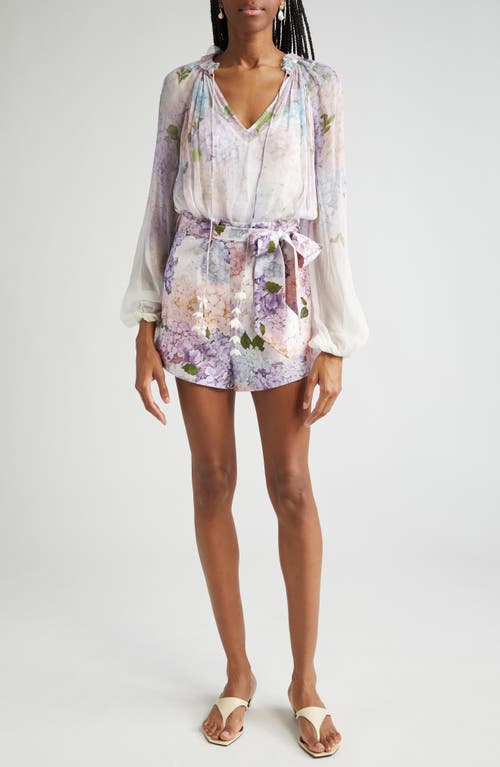 Zimmermann Dawning Printed Silk Flat Front Shorts In Multi Hydrangea