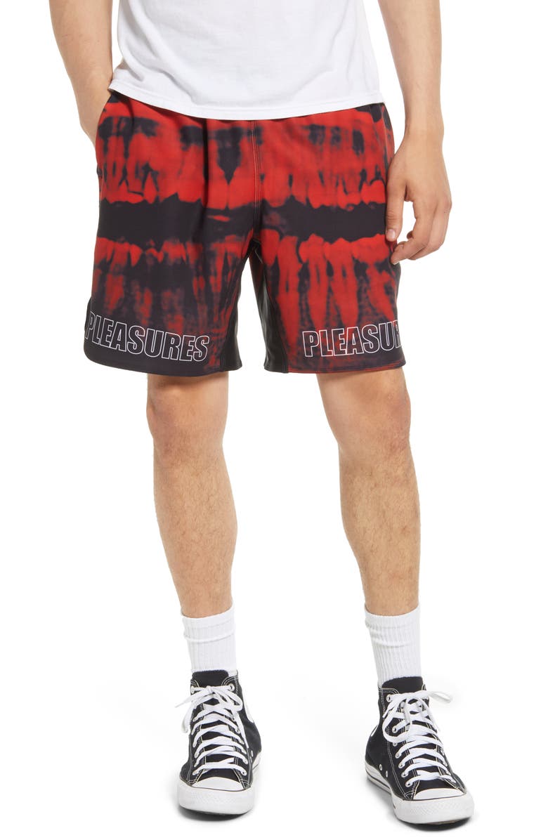 PLEASURES Teeth Tie Dye Workout Shorts, Main, color, 