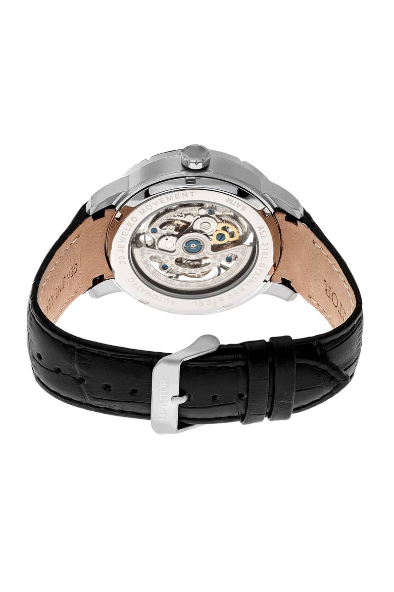 Ryder Skeleton Leather-Band Watch, Alternate, color, Black/Silver